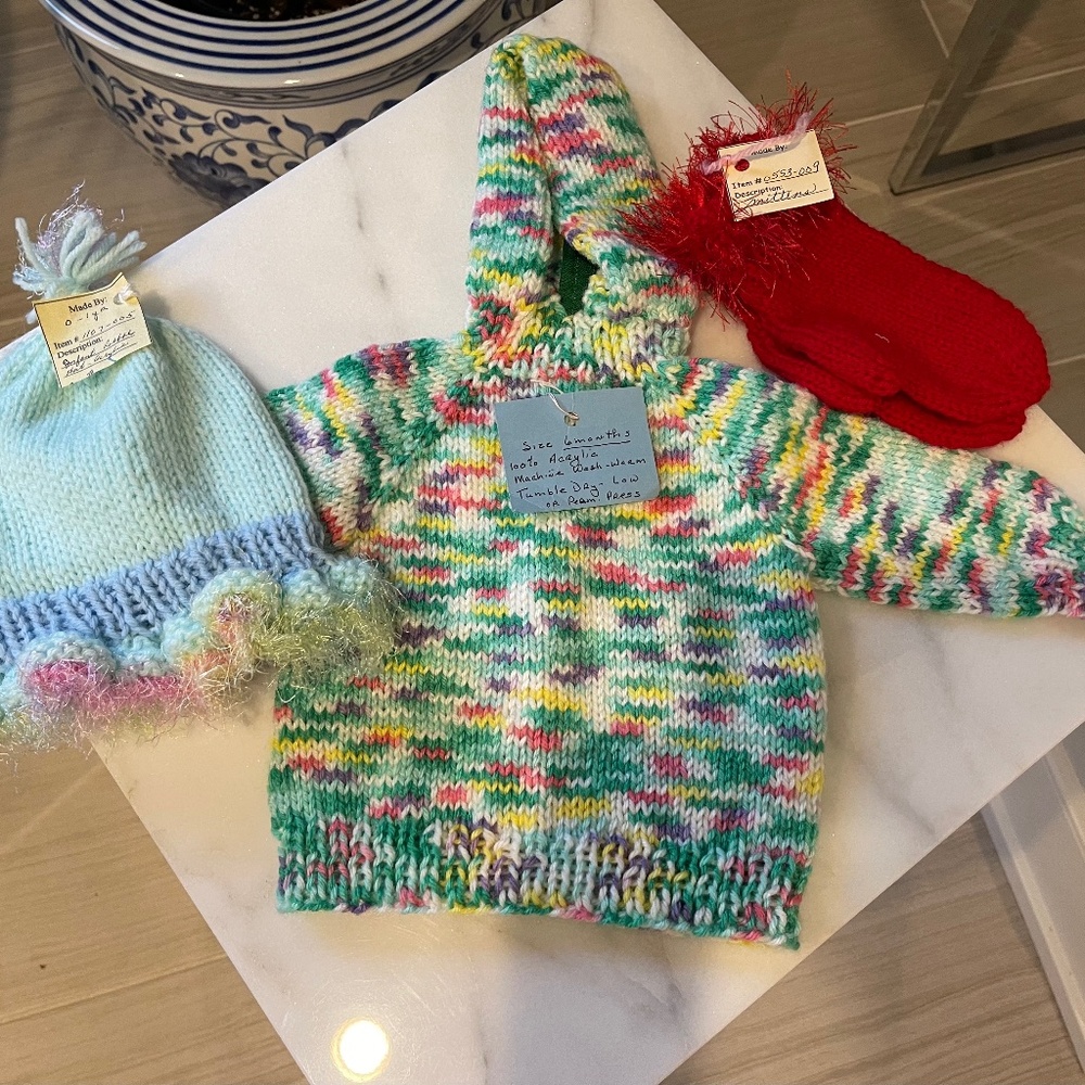 Hand Knit Baby’s Hooded Sweater, hat and mittens